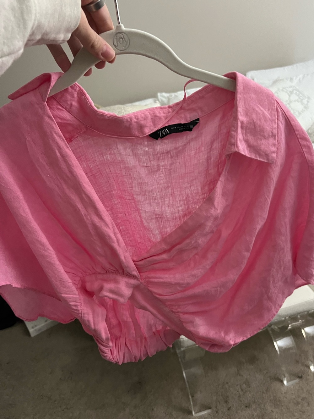 Zara Bubblegum Pink Cropped Knot-Front Collared Top